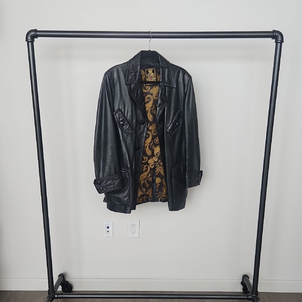 Black Leather Women's Coat with Paisley Lining